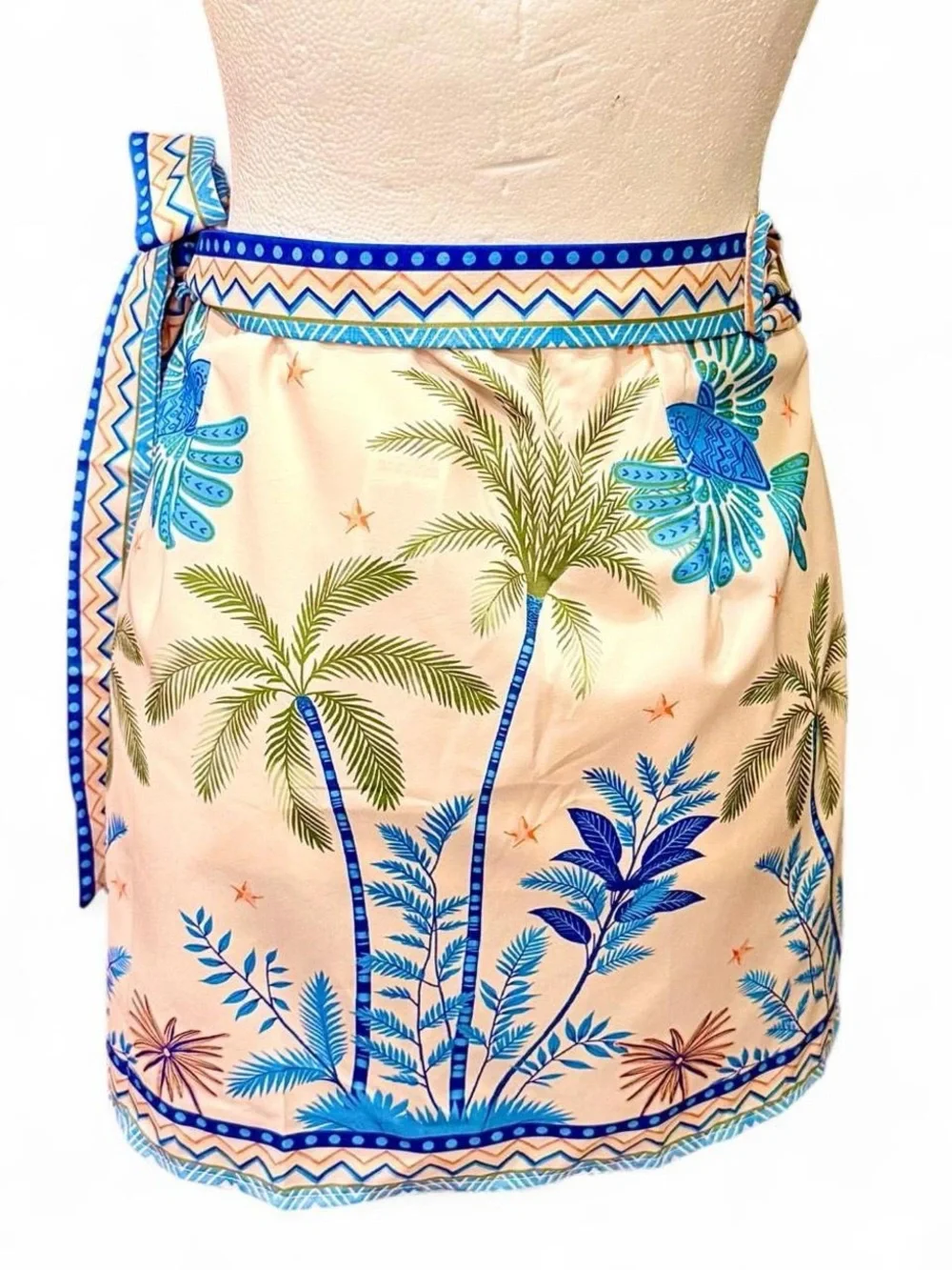 Tropical Palm Print Wrap Skirt - Blue & Cream. Size L. New with tags.